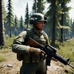 **A realistic screenshot from PUBG, showing a player in a dense forest clearing in Poland. The player is wearing modern Polish military camouflage and holding a Groza assault rifle. Focus on the realistic lighting and detail of the environment.**