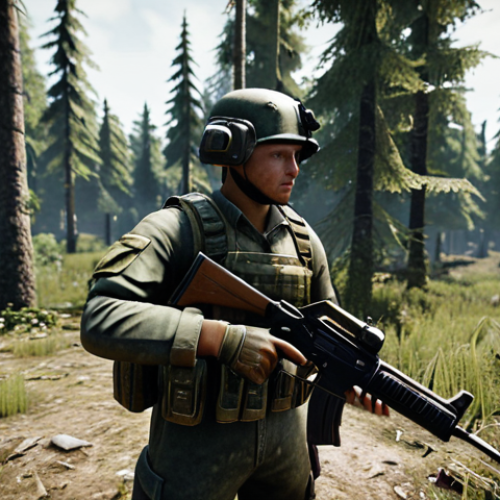 **A realistic screenshot from PUBG, showing a player in a dense forest clearing in Poland. The player is wearing modern Polish military camouflage and holding a Groza assault rifle. Focus on the realistic lighting and detail of the environment.**