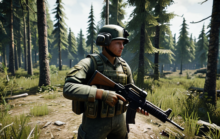 **A realistic screenshot from PUBG, showing a player in a dense forest clearing in Poland. The player is wearing modern Polish military camouflage and holding a Groza assault rifle. Focus on the realistic lighting and detail of the environment.**